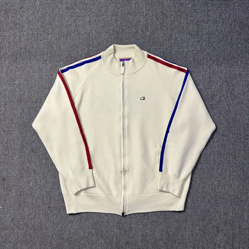 Calvin Klein White Full - Zip Knit Track Jacket with Red & Blue Stripes and Small CK Logo