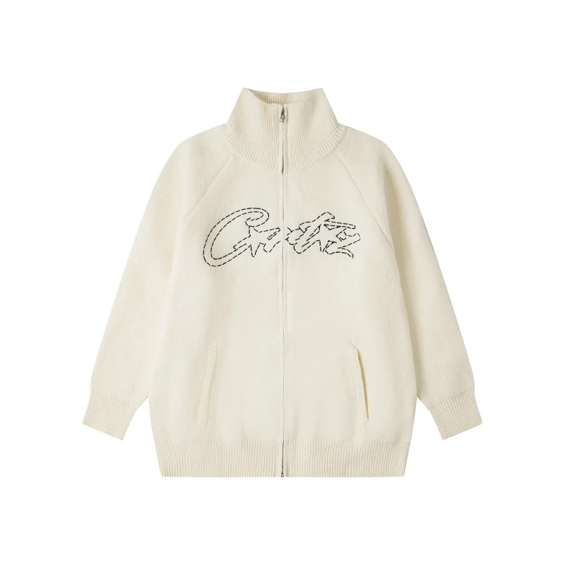 CARE White Stand Collar Full - Zip Knit Cardigan with Embroidered Graphic & Side Pockets