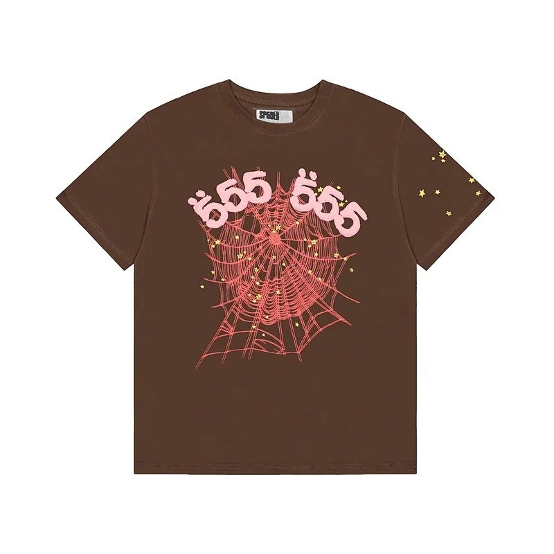 SP5DER Brown T - Shirt with Pink Spider Web, Pink "555" & Golden Stars