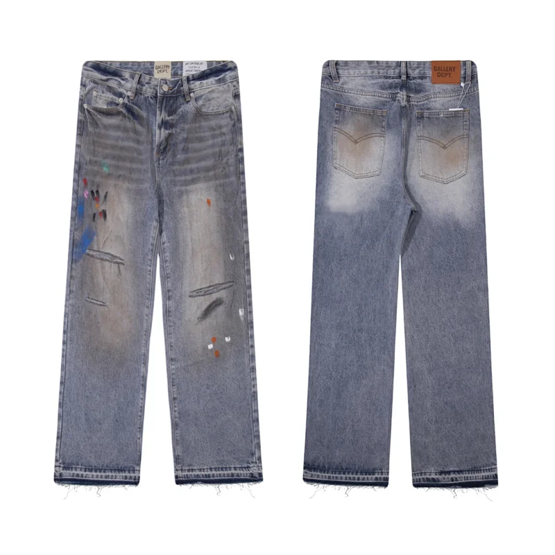 GALLERY DEPT Light Blue Distressed Straight - Leg Jeans with Paint Splatters, Ripped Details & Frayed Hems
