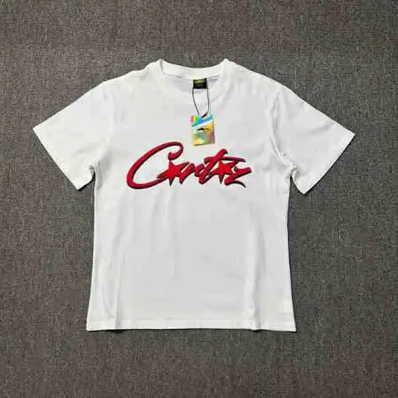 Corteiz White Short - Sleeve T - Shirt with Red Graffiti Logo