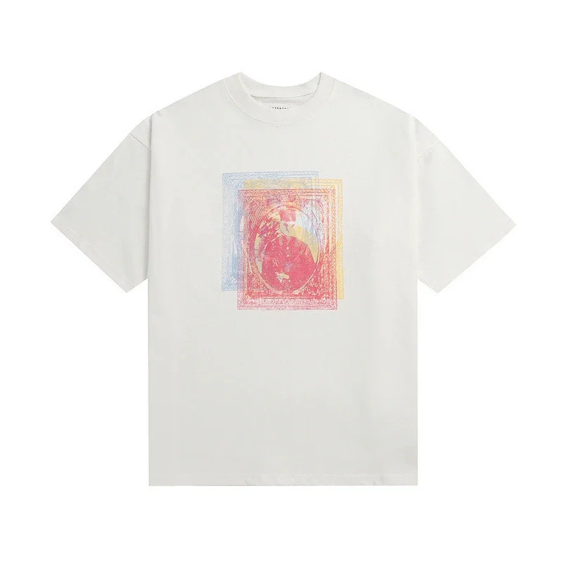 [Brand] White Short - Sleeve T - Shirt with Colorful Retro Graphic Print