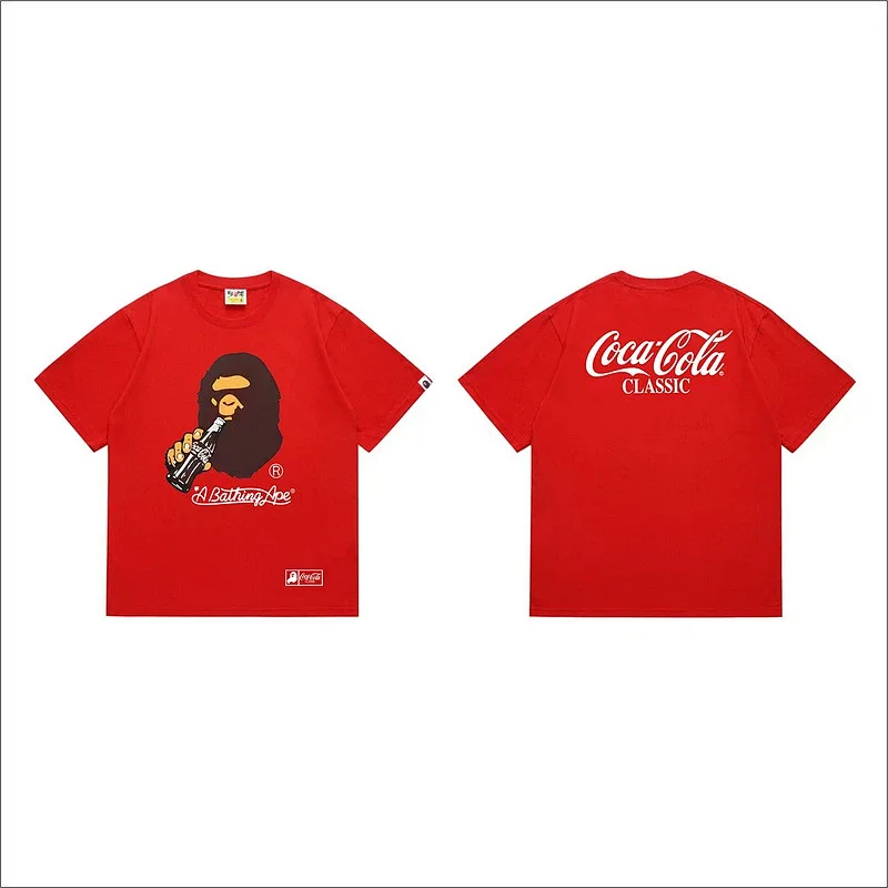 A Bathing Ape x Coca - Cola Red Short Sleeve T - Shirt with Ape Head & Classic Logo