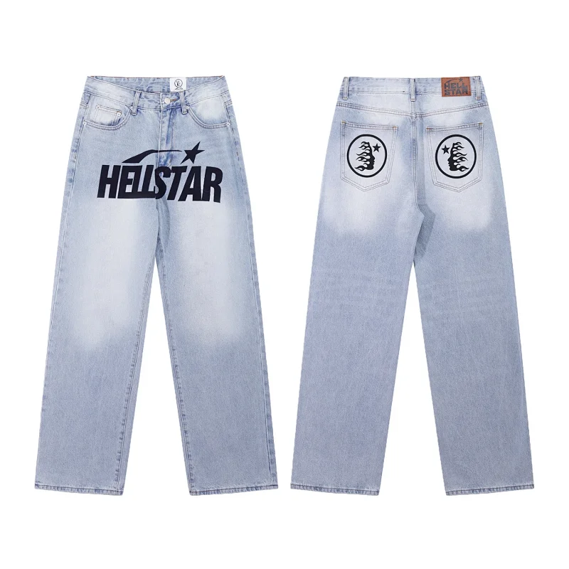 HELSTAR Light Blue Baggy Jeans with Front Logo & Star, Back Pocket Circular Prints
