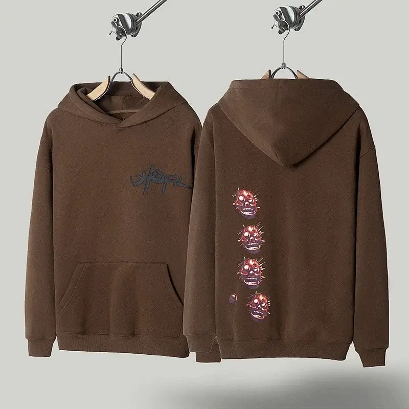 Travis Scott Brown Hoodie with Graffiti & Spiked Skulls