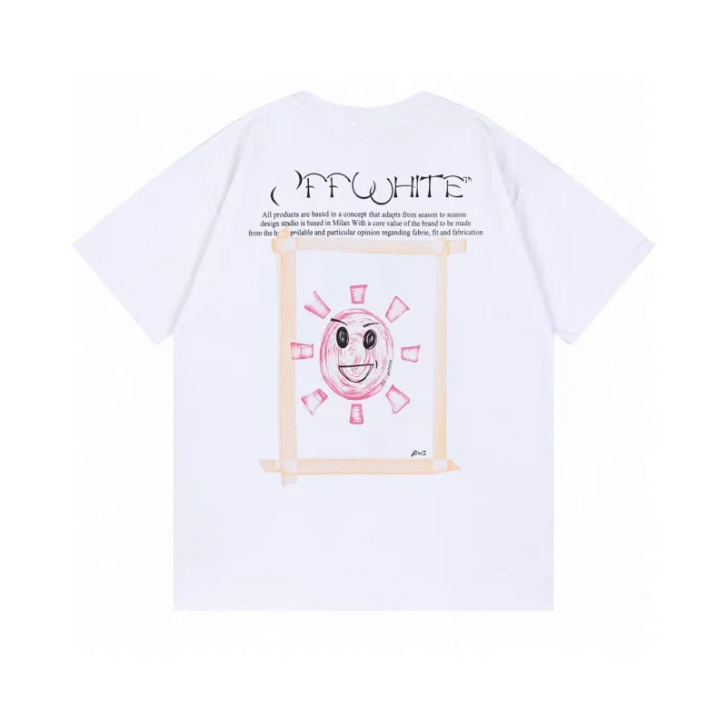 OFF-WHITE White T - Shirt with Cartoon Sun Graphic & Brand Text