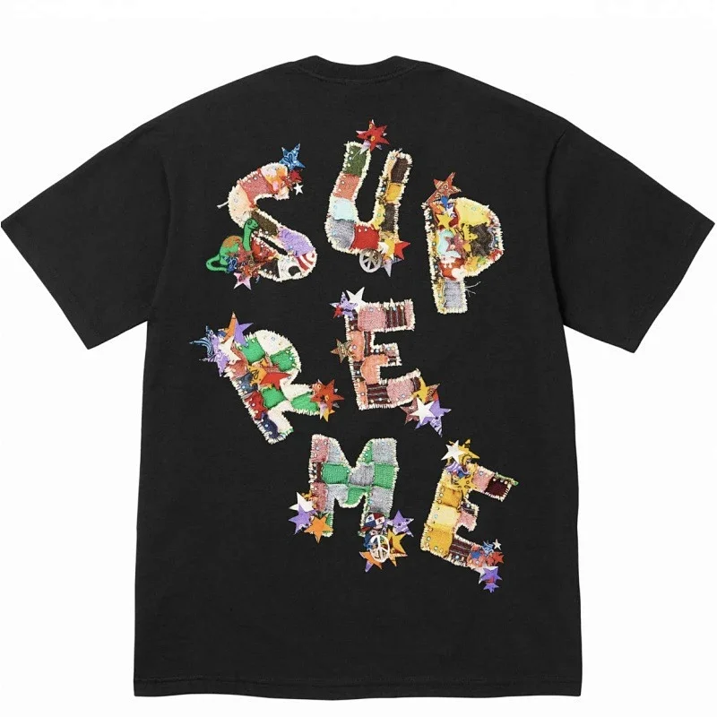 Supreme Black T - Shirt with Back Patchwork & Star - Embellished "SUPREME" Graphic