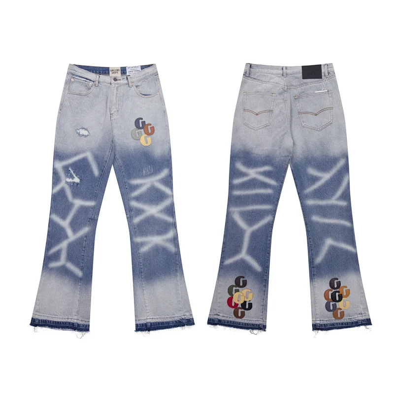 Gucci Light Blue Gradient Graffiti Distressed Flared Jeans with Colorful GG Embroidery & Frayed Hem