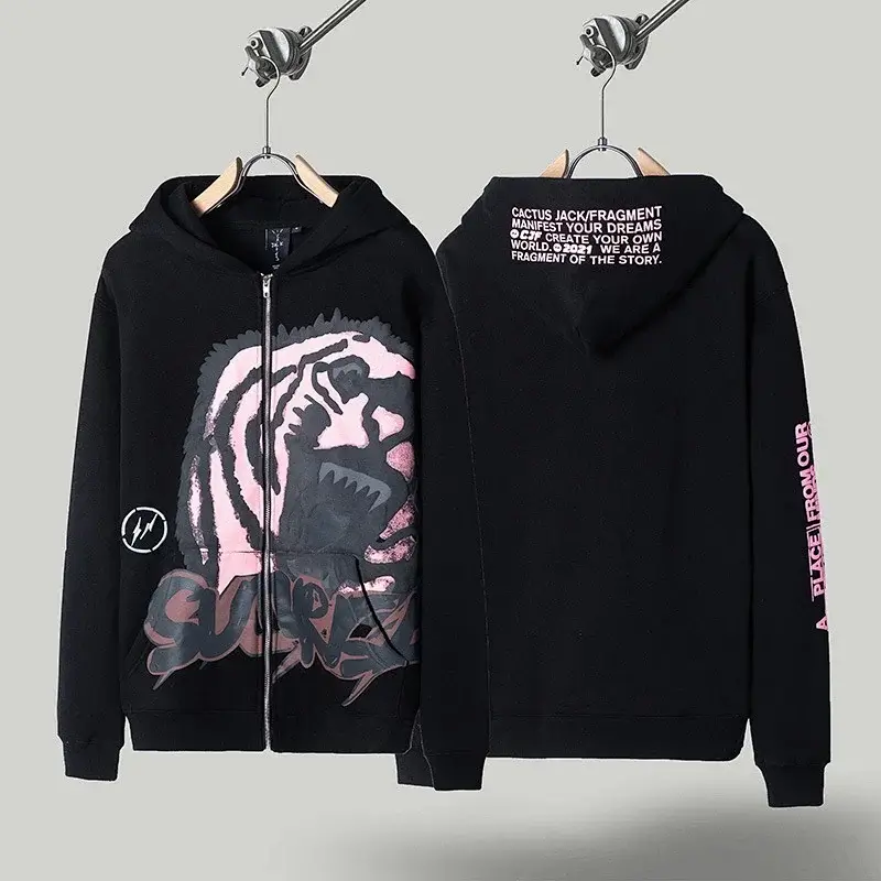 Cactus Jack Black Zip Hoodie with Pink Tiger