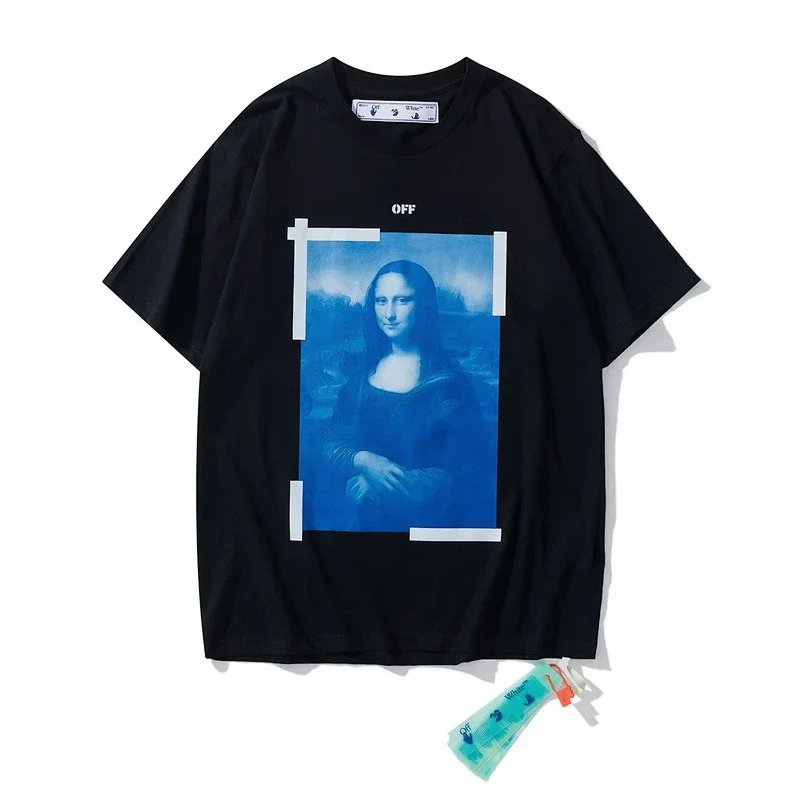 OFF-WHITE Black T - Shirt with Blue Mona Lisa Print & White Borders