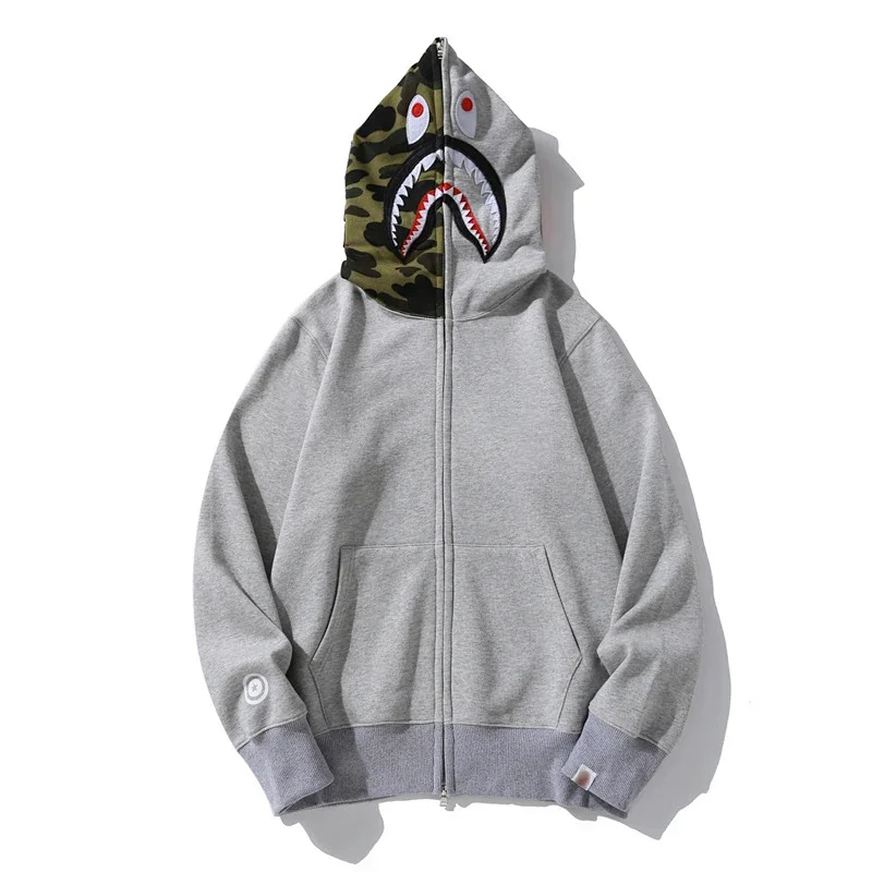 BAPE Gray Hooded Zip - Up Hoodie with Shark Head Camouflage Design