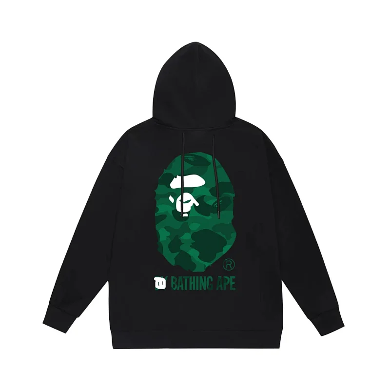 BATHING APE Black Hoodie with Green Camo Ape Head Logo