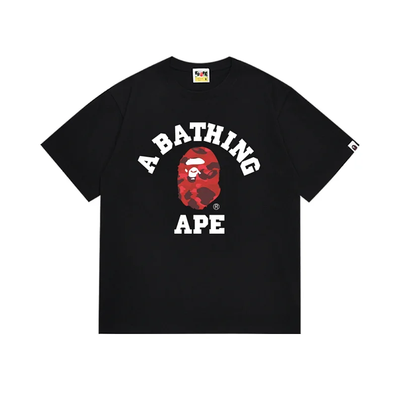 A BATHING APE Black T - Shirt with Red Camouflage Ape Head Logo