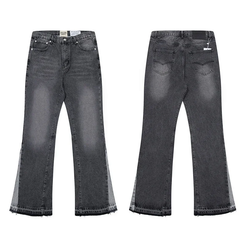 GALLERY DEPT Gray Flared Jeans with Paneled Cuffs & Frayed Hem