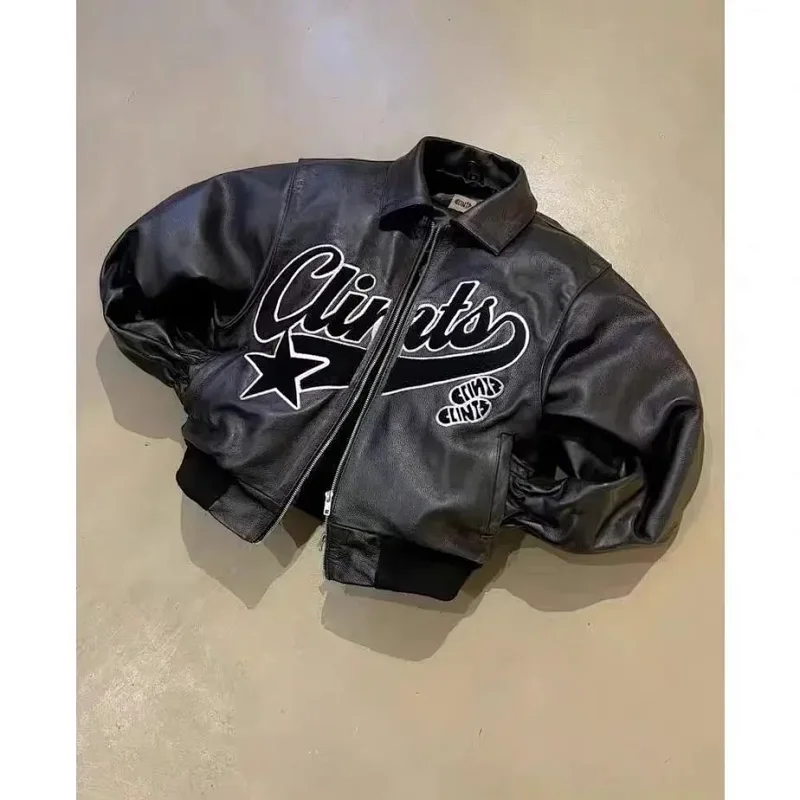 Clints Black Embroidered Star Logo Cropped Leather Jacket