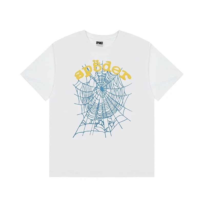 SP5DER White T - Shirt with Blue Spider Web & Yellow Reversed Text