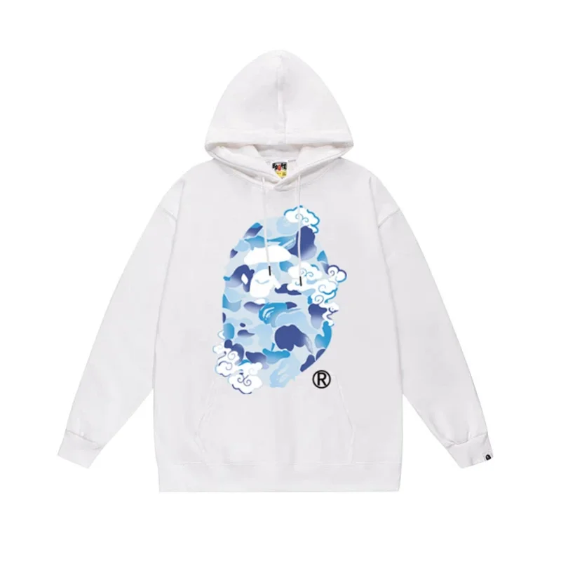 BAPE White Hoodie with Blue & White Camo Cloud Ape Head Graphic and R Logo