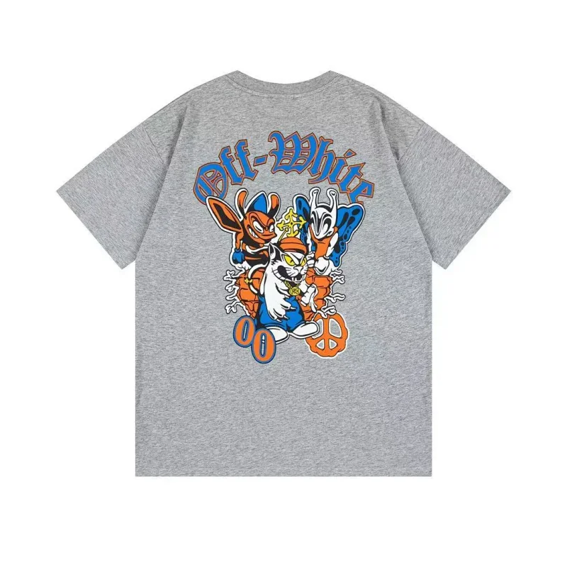 Off-White Gray Oversized Short Sleeve T - Shirt with Back Cartoon Graphic