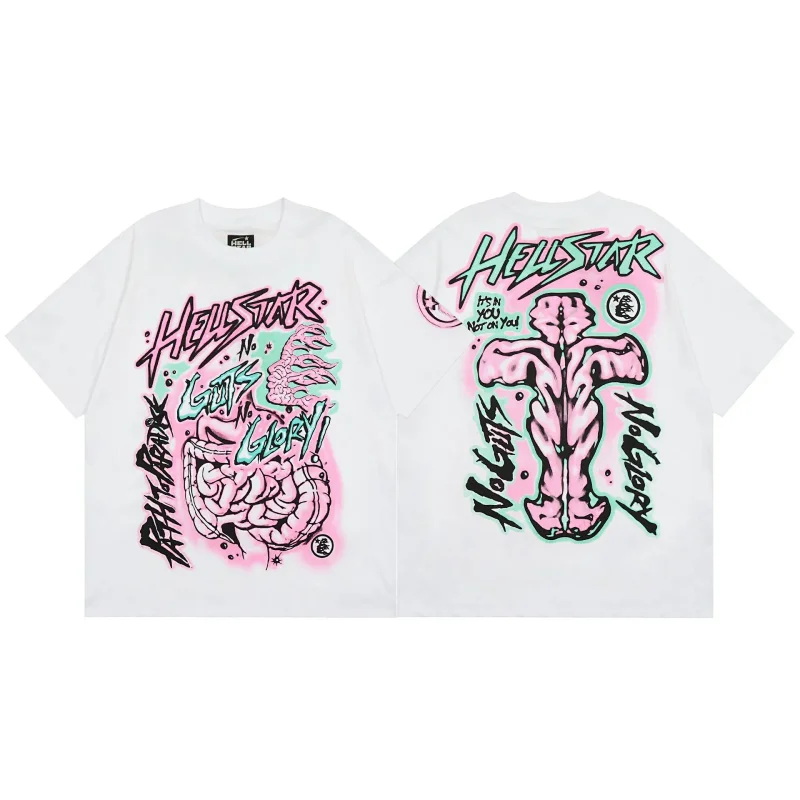 HELLSTAR White T - Shirt with Graffiti - Style Internal Organs (Front) & Human - Like Figure (Back) Prints
