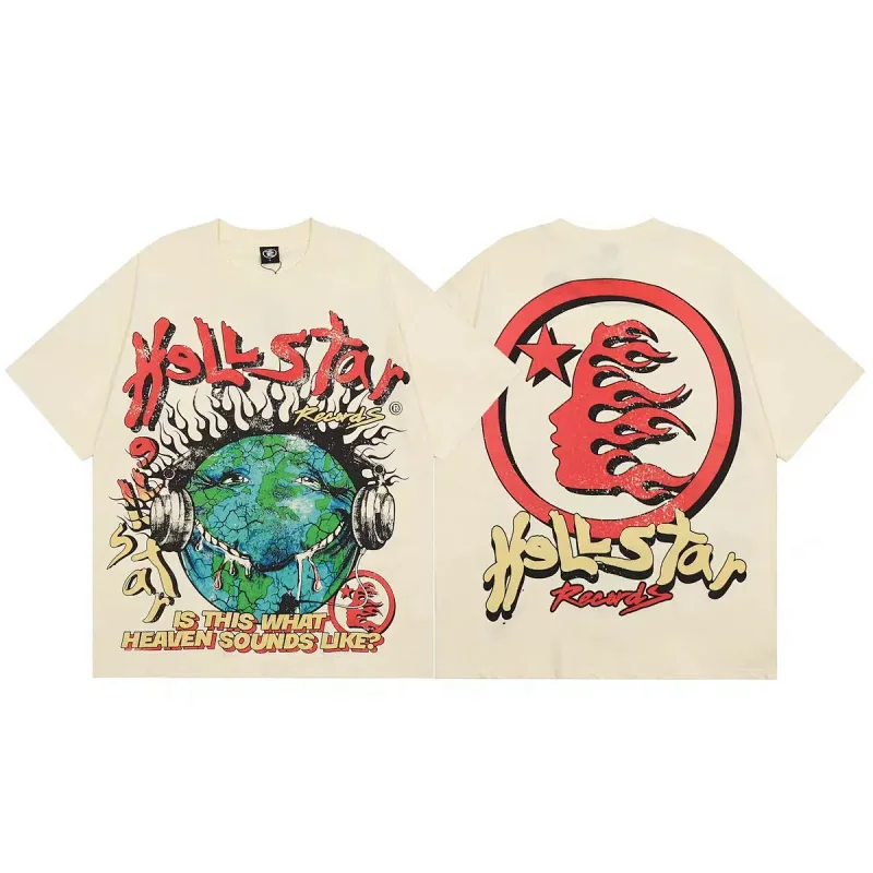 HELLSTAR Beige T - Shirt with Earth - Headphone Graphic & Retro Prints
