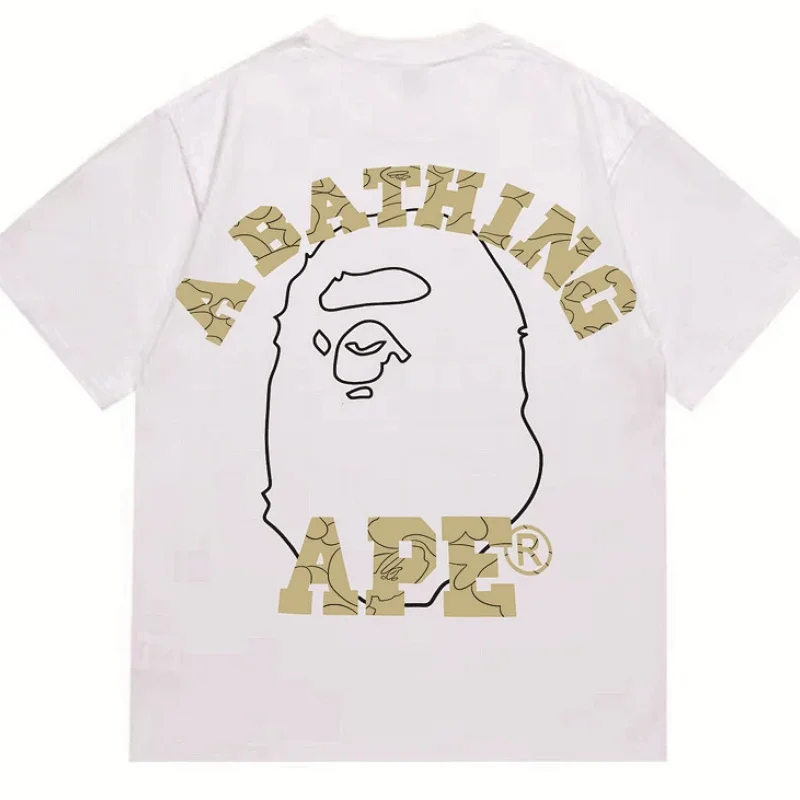 A BATHING APE White T - Shirt with Back Big Ape Head Outline & Camouflage Text