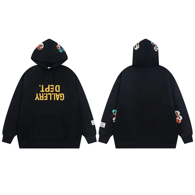 GALLERY DEPT. Black Hoodie with Reverse Logo, Kangaroo Pocket & Colorful Patterns