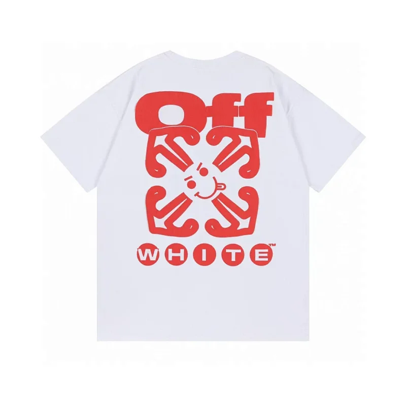 Off-White White Short Sleeve T - Shirt with Red Logo & Smiley Face