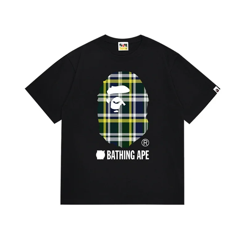 BATHING APE Black T - Shirt with Plaid Ape Head & "BATHING APE" Text