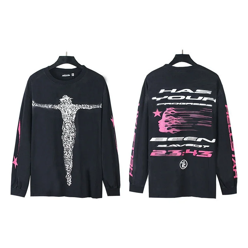 HELCLSTAR Black Long - Sleeve T - Shirt with Jesus - like Pattern, Pink Stars & Back Text