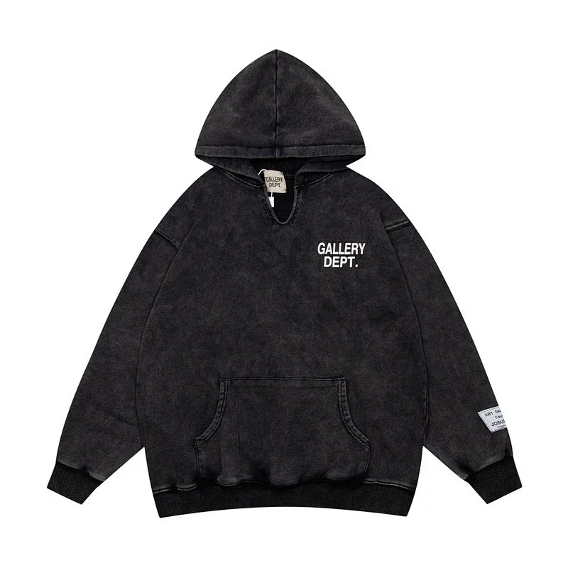 GALLERY DEPT. Vintage Washed Black Hoodie (Embroidered Logo, Kangaroo Pocket)