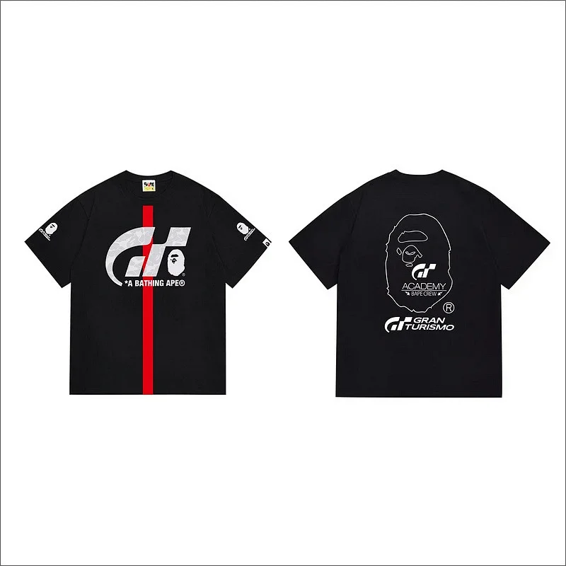 A BATHING APE x Gran Turismo Black T - Shirt (GT Logo, BAPE Ape Head, Red Stripe)