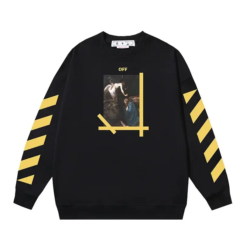 OFF-WHITE Religious Print Yellow Striped Sleeve Sweatshirt