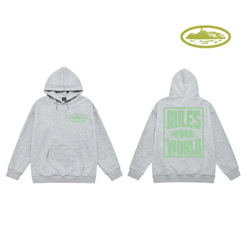 Corteiz Gray Hoodie with Front Oval Logo & Back "RULES THE WORLD" Graphic
