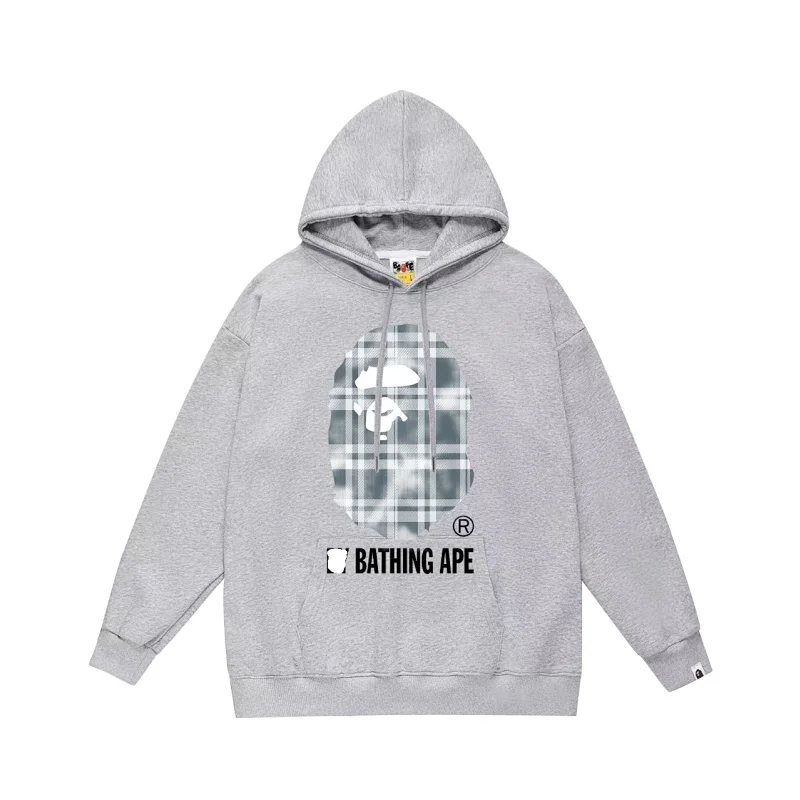 BATHING APE Gray Hoodie with Plaid Ape Head Graphic and BATHING APE Text
