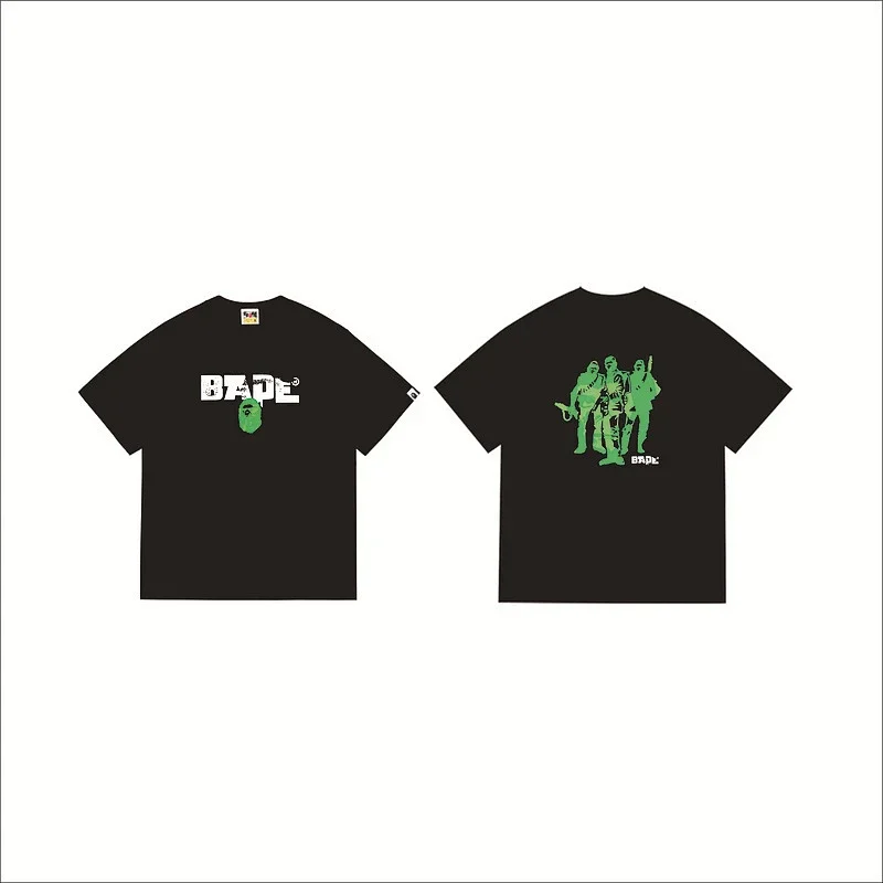 BAPE Black T - Shirt with Front BAPE Logo & Green Ape Head, Back Green Figures Graphic