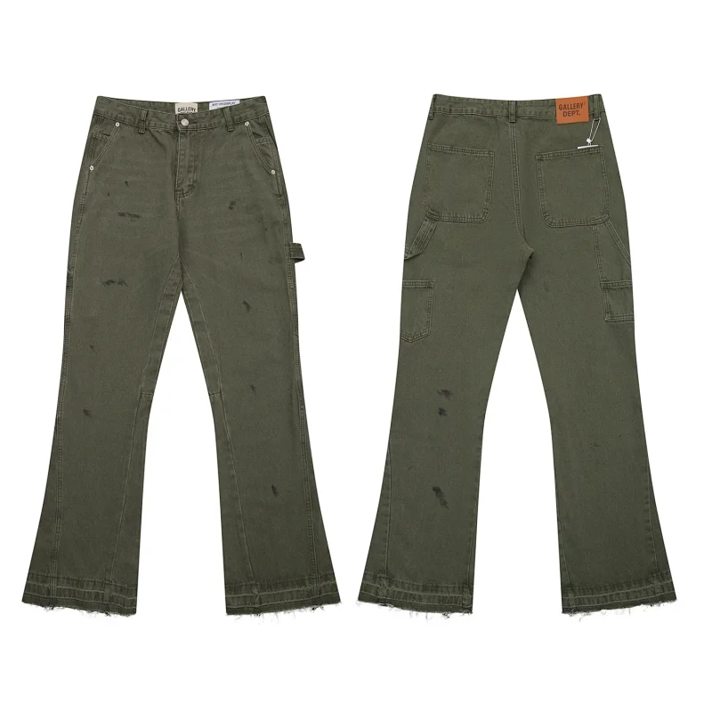 GALLERY DEPT. Olive Green Distressed Flared Cargo Pants with Frayed Hem