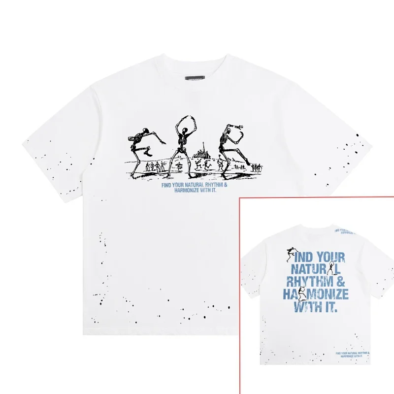 FindYourRhythm White Skeleton Dancing Print Splatter Paint T - Shirt with Front & Back Text
