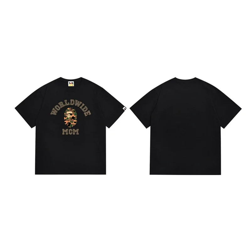 BAPE Black Short - Sleeve T - Shirt with Camouflage Ape Head & "WORLDWIDE MCM" Lettering