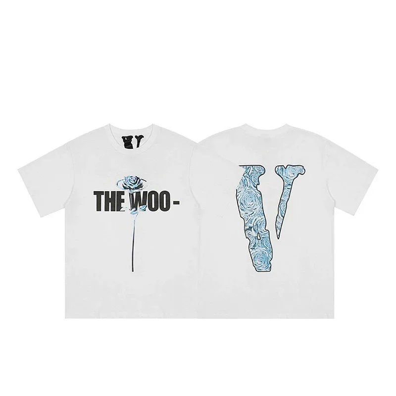 VLONE White Short - Sleeve T - Shirt with "THE WOO - " & Blue Rose (Front), Blue Rose - Patterned "V" (Back)