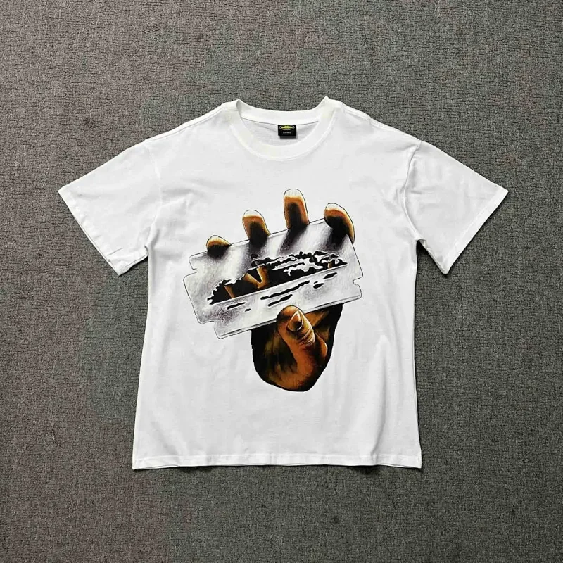 RAZOR White T - Shirt with Hand Holding Razor Blade Graphic