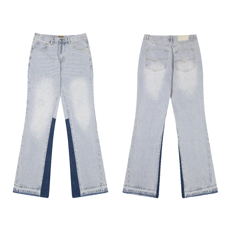 Fashion Light Blue Flared Jeans with Dark Blue Side Panels