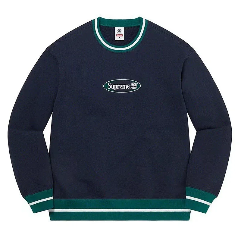 Supreme Navy Crewneck with Green/White Striped Trim