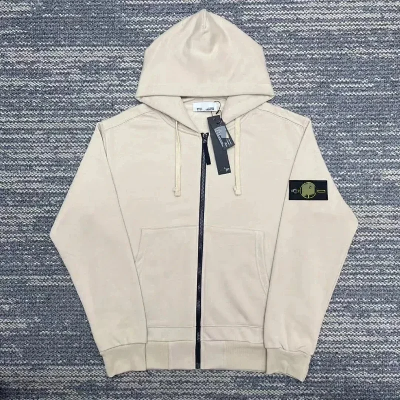 Stone Island Beige Zip - Up Hoodie with Arm Badge and Kangaroo Pocket