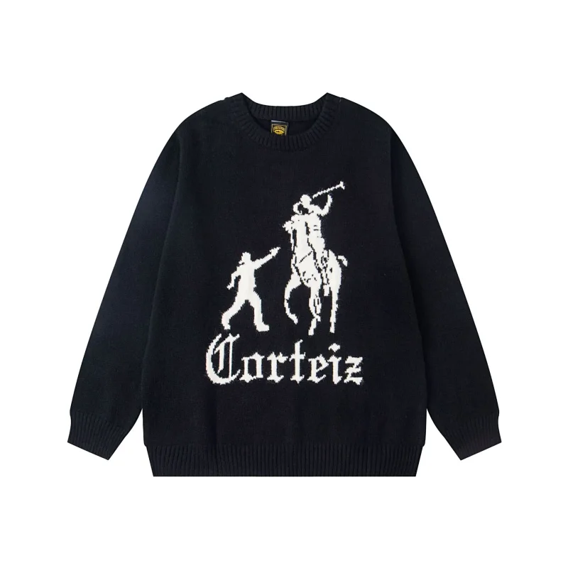 Carteiz Black Crewneck Sweater with Polo Player & Figure Graphic