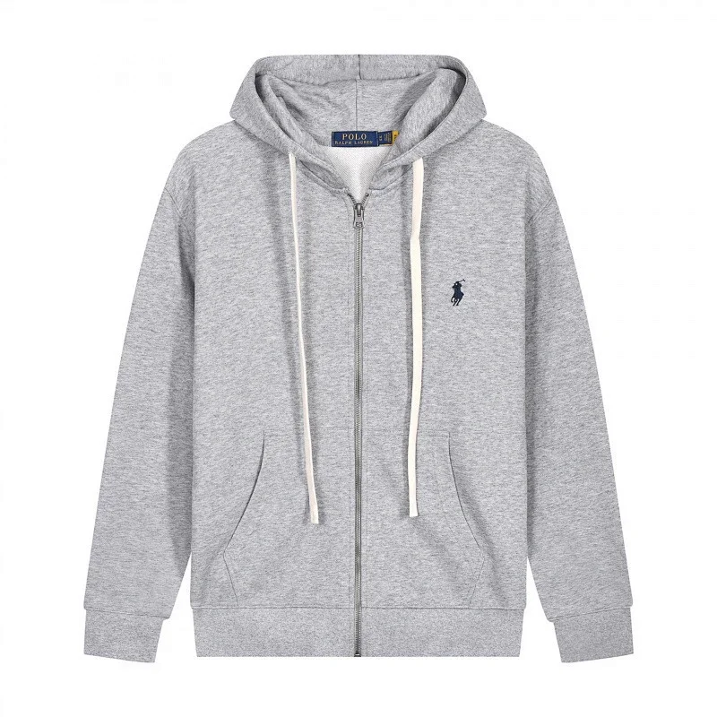 Polo Ralph Lauren  Gray Hooded Zip - up Sweatshirt with Embroidered Pony Logo, Drawstrings and Pockets