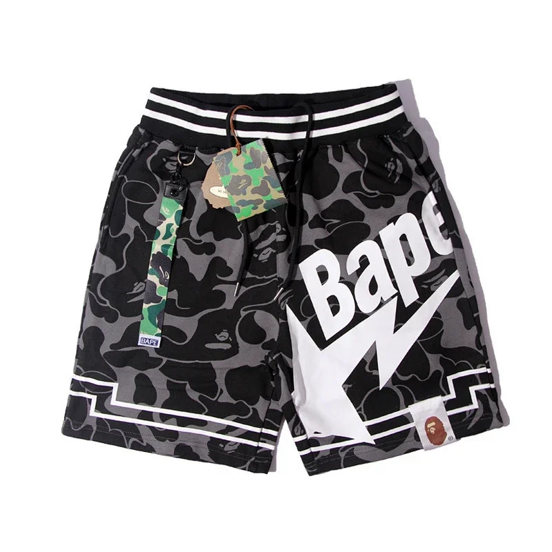 Bape Black & Gray Camouflage Shorts with White Logo, Lightning Star & Camo Tag