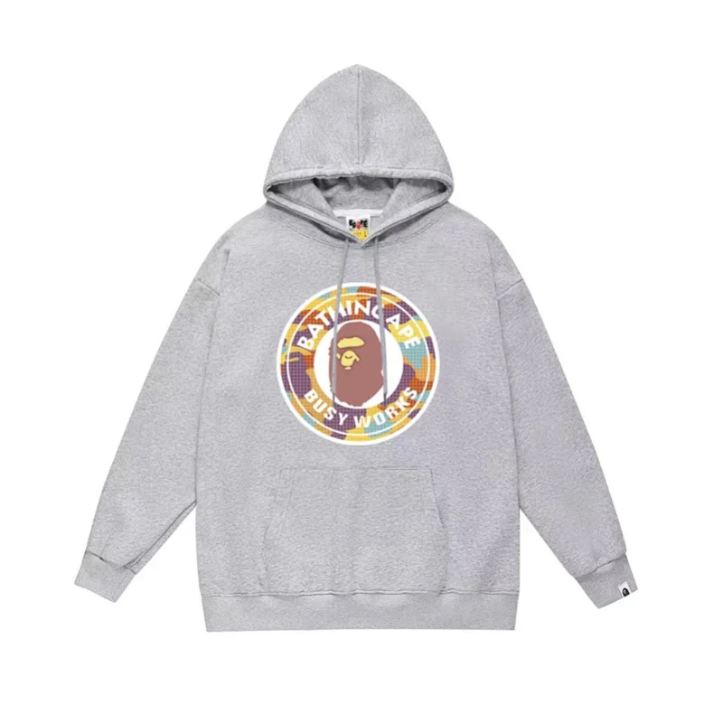Bathing Ape Gray Hoodie with Ape Head & "BUSY WORKS" Camo Circle Logo