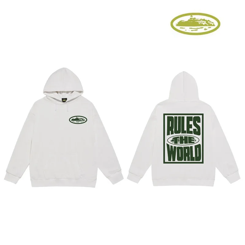 Corteiz White Hoodie with Front Logo & Back "RULES THE WORLD" Print