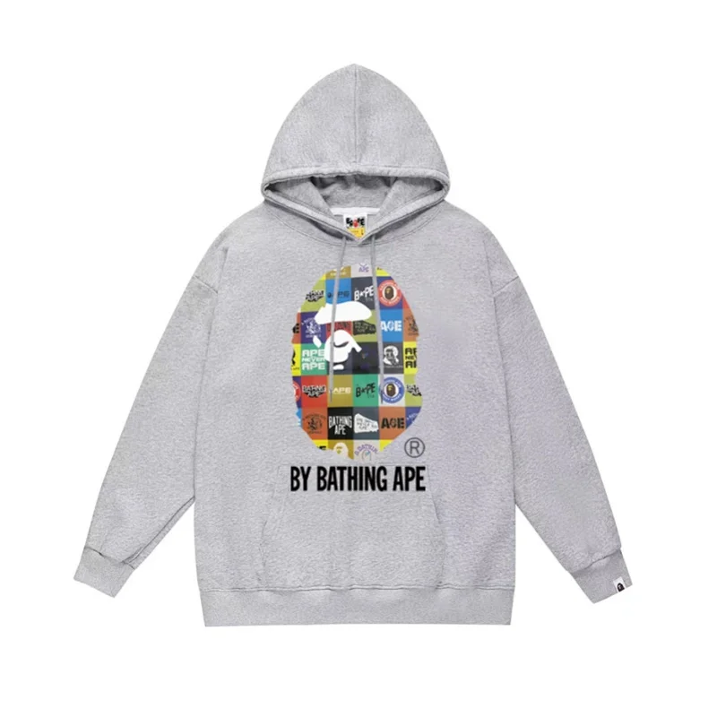 Gray BAPE Hoodie with Colorful Ape Head & "BY BATHING APE"