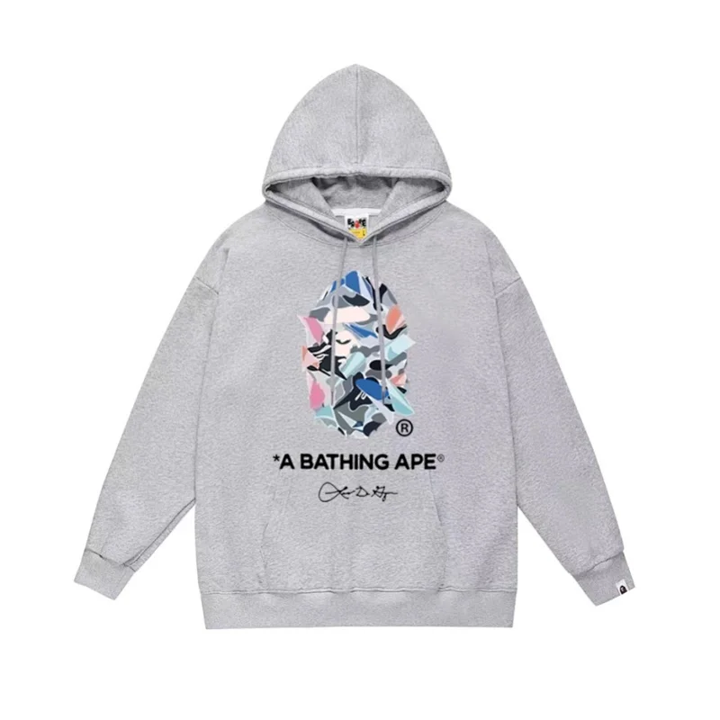 A BATHING APE Gray Hoodie with Camouflage Ape Head & Signature